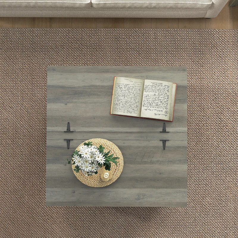 HOMCOM Farmhouse Coffee Table, Square Center Table with Flip-top Lids, Hidden Storage Compartment and Wooden Legs, Distressed Grey