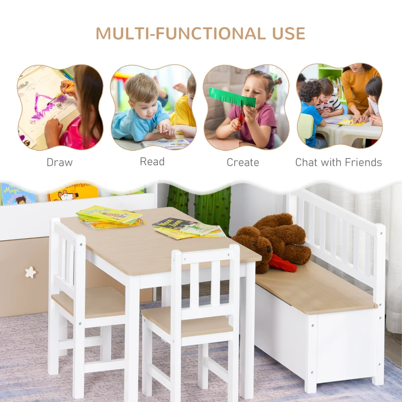 Qaba 4-Piece Set Kids Wood Table Chair Bench with Storage Function Easy to Clean Gift for Girls Boys Toddlers Age 3 Years up Natural and White