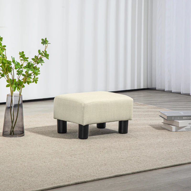 HOMCOM Small Ottoman Foot Rest, Foot Stool with Linen Fabric Upholstery and Plastic Legs, Cube Ottoman, Beige