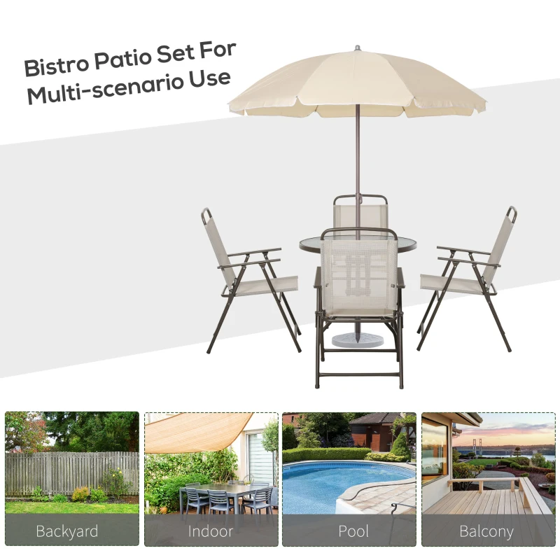 Outsunny 6 Pieces Outdoor Dining Set for 4 with Umbrella Patio Outdoor Furniture Set with Round Table 4 Folding Chairs Cream