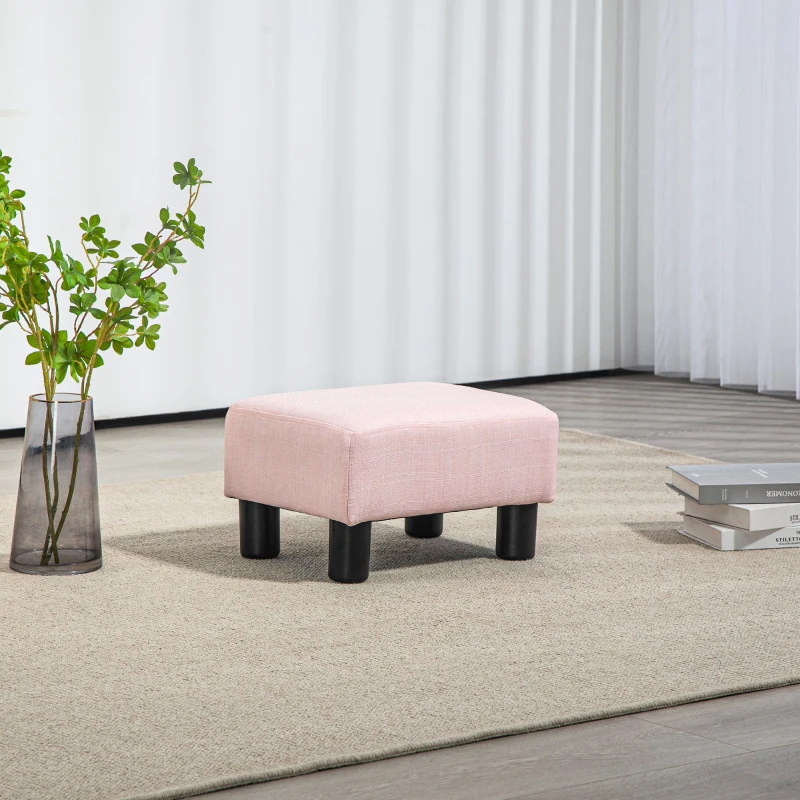 HOMCOM Small Ottoman Foot Rest, Foot Stool with Linen Fabric Upholstery and Plastic Legs, Cube Ottoman, Pink