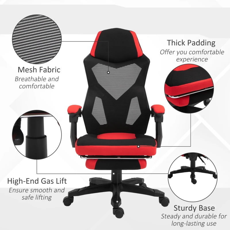Vinsetto Ergonomic Home Office Chair High Back Armchair Computer Desk Recliner with Footrest, Mesh Back, Lumbar Support and Wheels, Red