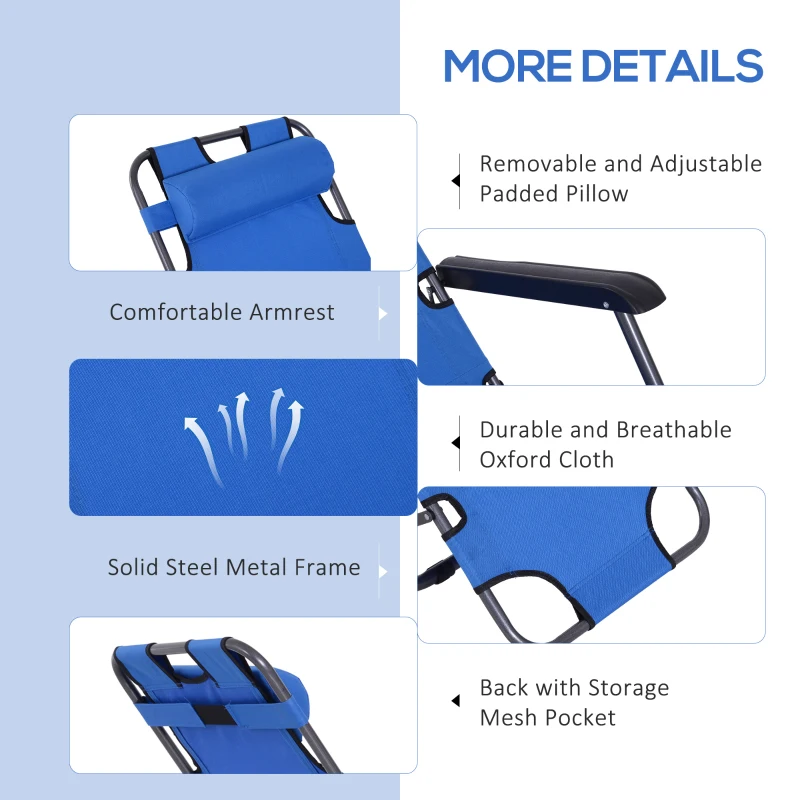 Outsunny Folding Chaise Lounge Chair, Outdoor Portable 2-Level Adjustable Recliner Zero Gravity Chair with Headrest Pillow, Armrests with Storage Mesh Pocket, Blue