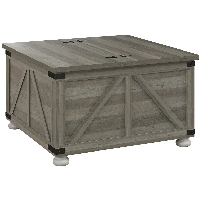 HOMCOM Farmhouse Coffee Table, Square Center Table with Flip-top Lids, Hidden Storage Compartment and Wooden Legs, Distressed Grey