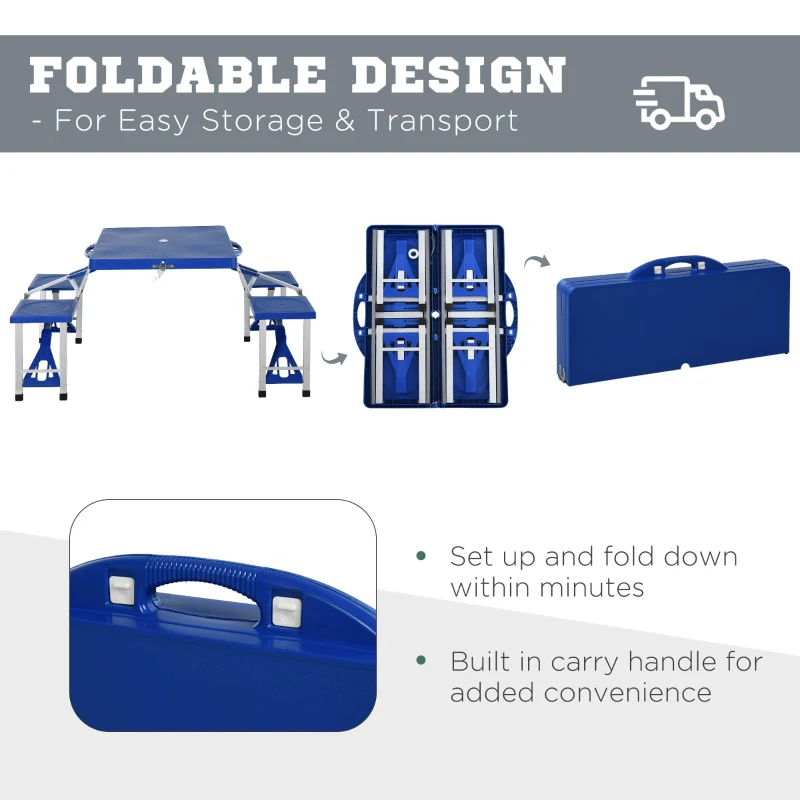 Outsunny Fold Up Picnic Table Portable Camping Table Foldable Travel Patio, Lawn Garden Table, with 4 Seats Chairs, Umbrella Hole, Aluminum Frame, Blue