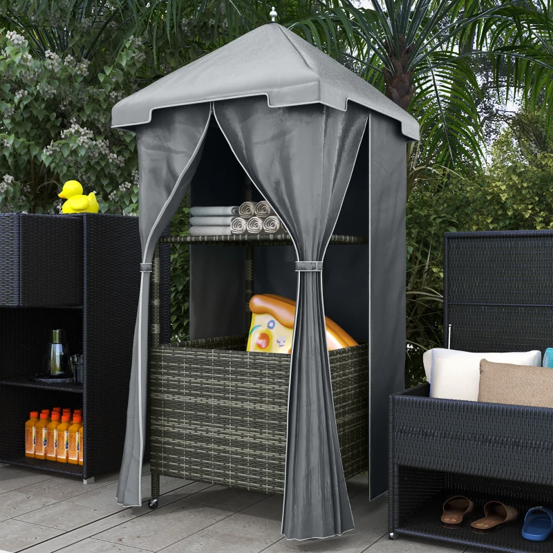 Outsunny Outdoor Towel Valet Caddy, Covered Poolside Towel Holder Rack, Shelf, Basket, Rolling PE Rattan Wicker Storage on Wheels, Gray