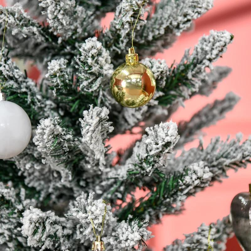 HOMCOM 5' Snow Flocked Artificial Pencil Christmas Tree, Slim Xmas Tree with Realistic Branches and Plastic Base Stand for Indoor Decoration, Green with Snow-flocked