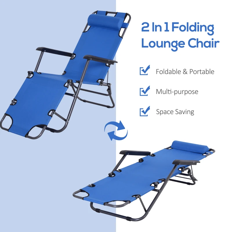 Outsunny Folding Chaise Lounge Chair, Outdoor Portable 2-Level Adjustable Recliner Zero Gravity Chair with Headrest Pillow, Armrests with Storage Mesh Pocket, Blue