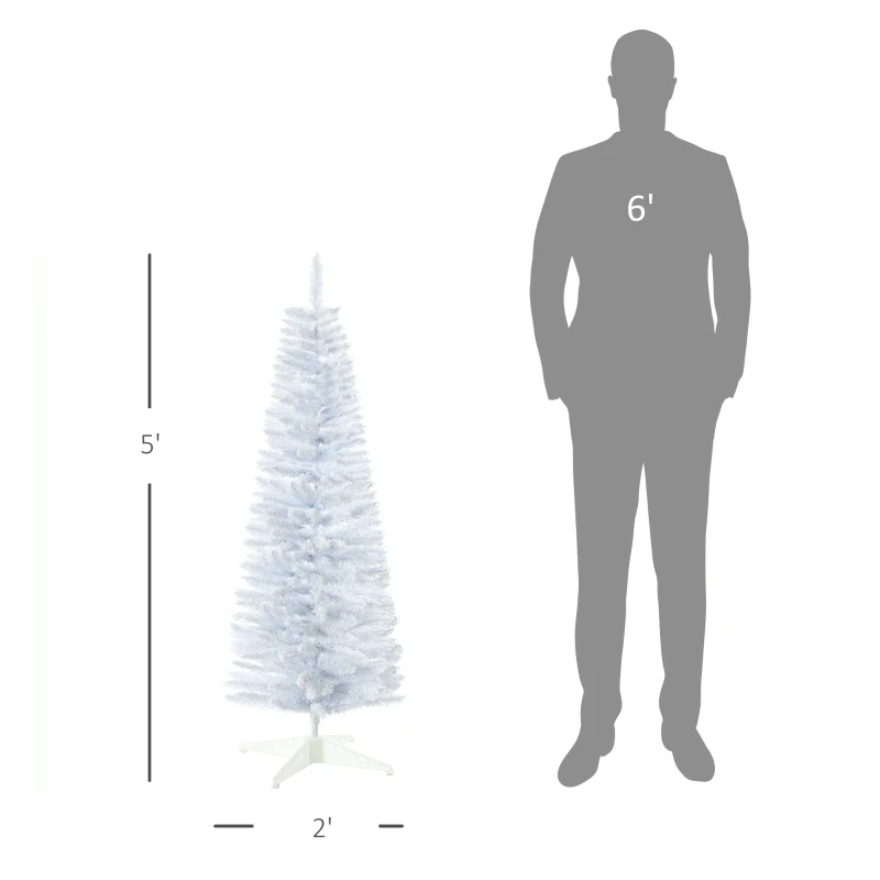 HOMCOM 5' Decorated Christmas Tree Snow Flocked Artificial Christmas Tree with Pencil Shape, Realistic Branches, White