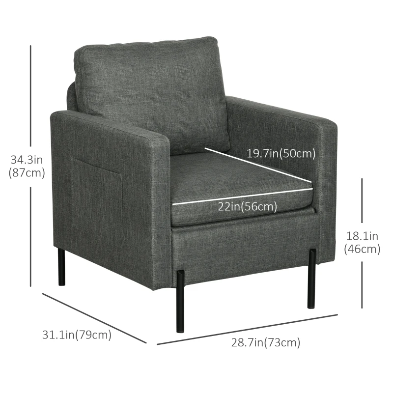 HOMCOM Armchair, Fabric Accent Chair, Modern Living Room Chair with Metal Legs, 2 Side Pockets for Bedroom, Grey