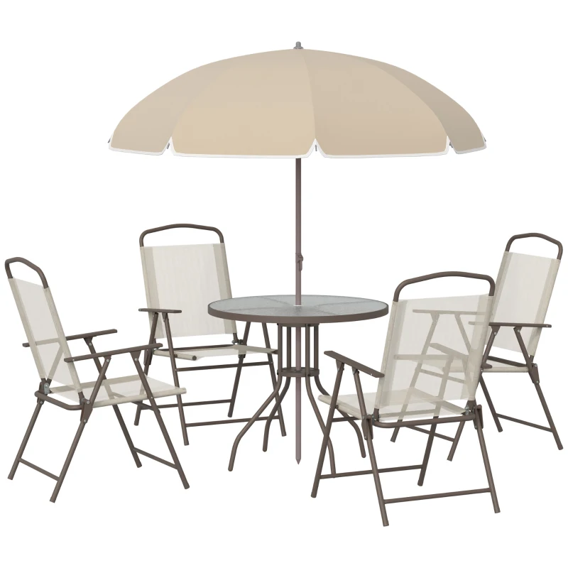 Outsunny 6 Pieces Outdoor Dining Set for 4 with Umbrella Patio Outdoor Furniture Set with Round Table 4 Folding Chairs Cream