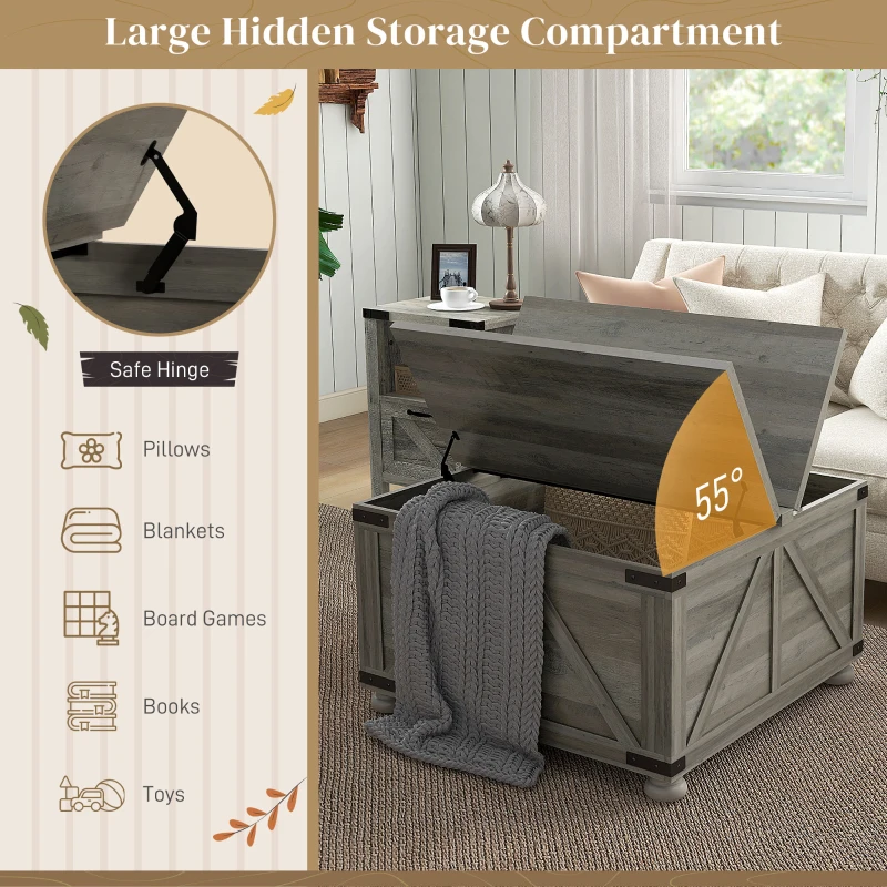 HOMCOM Farmhouse Coffee Table, Square Center Table with Flip-top Lids, Hidden Storage Compartment and Wooden Legs, Distressed Grey