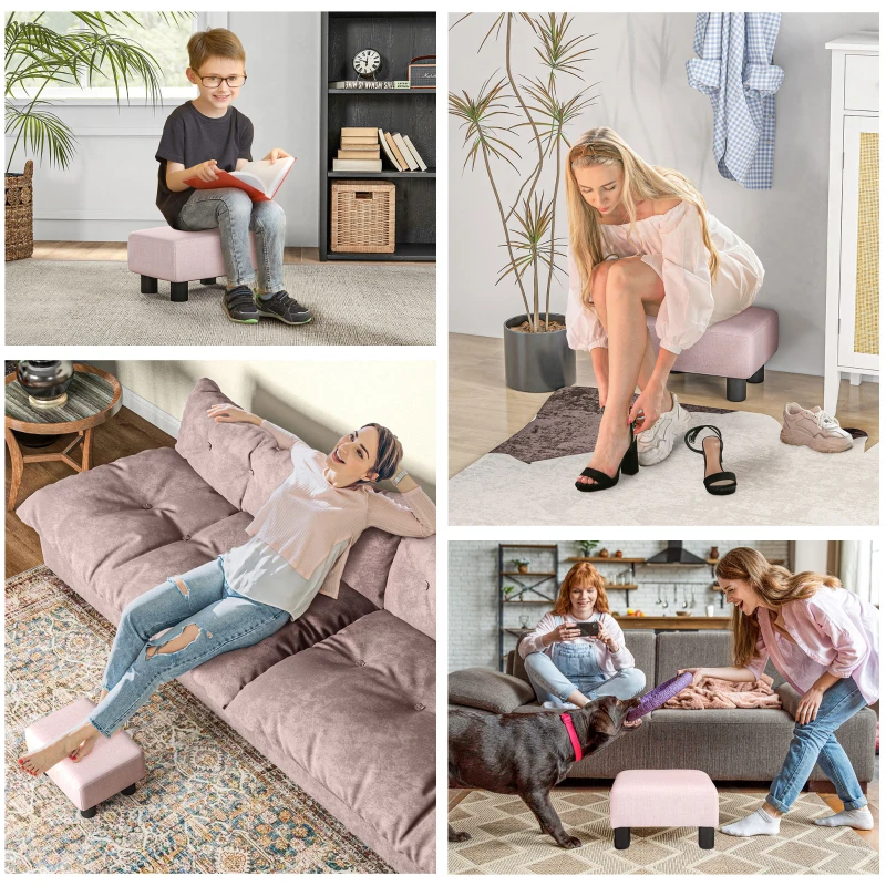 HOMCOM Small Ottoman Foot Rest, Foot Stool with Linen Fabric Upholstery and Plastic Legs, Cube Ottoman, Pink
