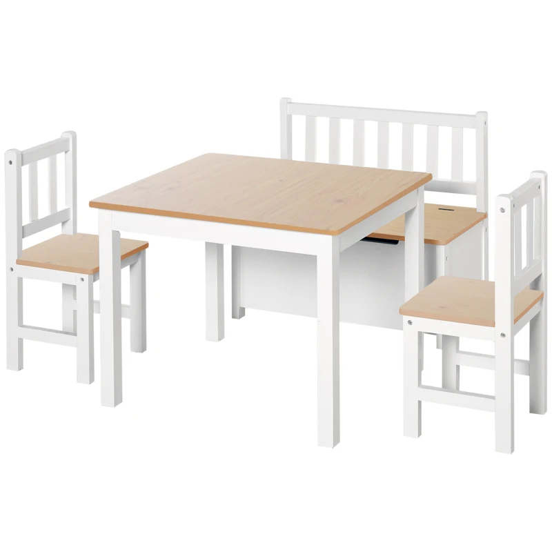 Qaba 4-Piece Set Kids Wood Table Chair Bench with Storage Function Easy to Clean Gift for Girls Boys Toddlers Age 3 Years up Natural and White