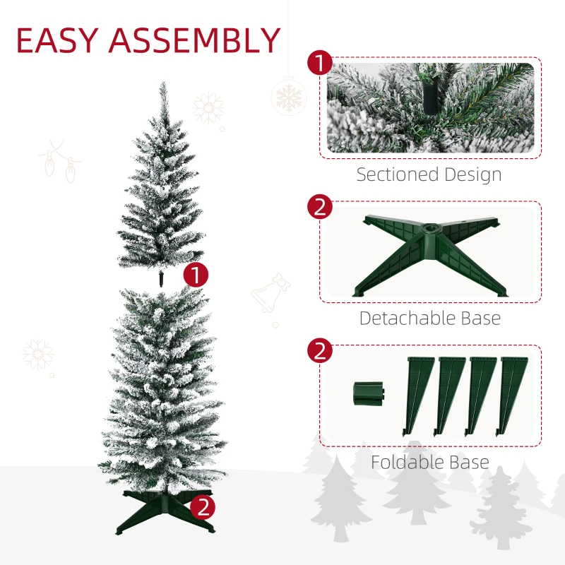 HOMCOM 5' Snow Flocked Artificial Pencil Christmas Tree, Slim Xmas Tree with Realistic Branches and Plastic Base Stand for Indoor Decoration, Green with Snow-flocked