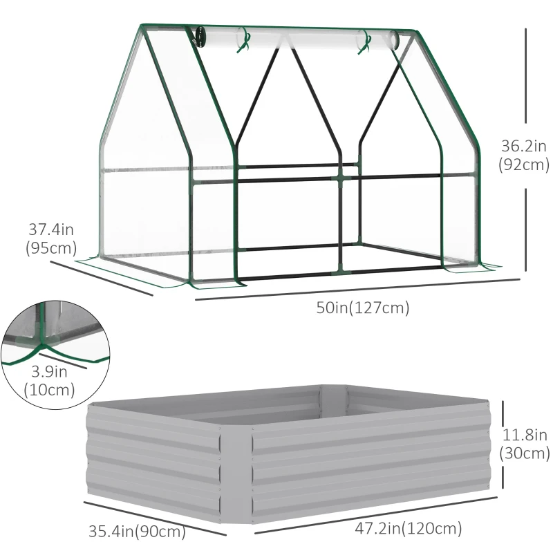 Outsunny Steel Outdoor Raised Garden Bed with Greenhouse,Cover, Roll Up Door, Dual Use, 50"x37.4"x36.2", Clear