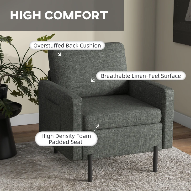 HOMCOM Armchair, Fabric Accent Chair, Modern Living Room Chair with Metal Legs, 2 Side Pockets for Bedroom, Grey