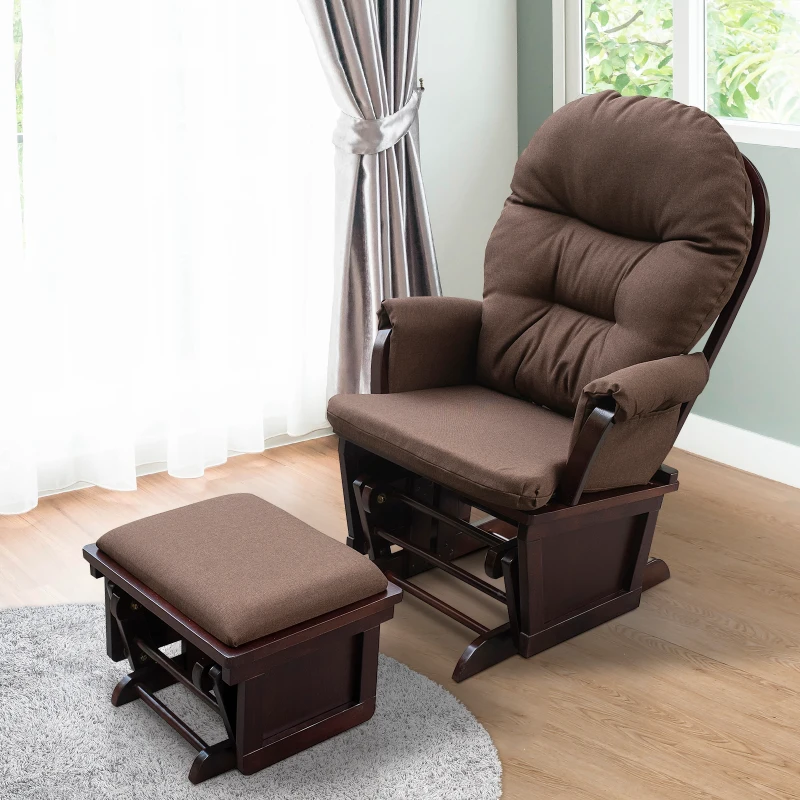 HOMCOM Nursery Glider Rocking Chair with Ottoman, Thick Padded Cushion Seating, Armrests and Wood Base, Dark Coffee