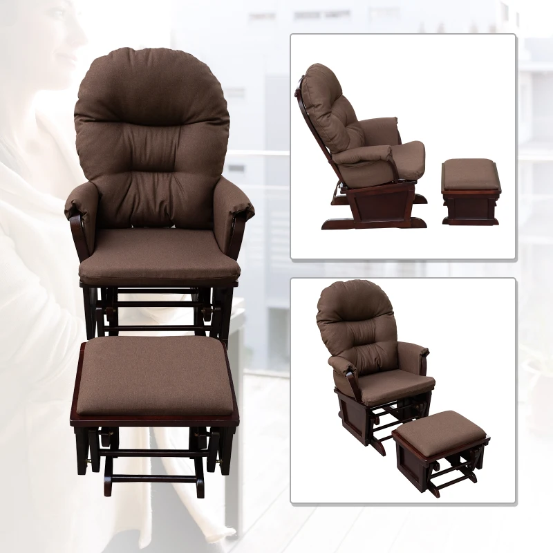 HOMCOM Nursery Glider Rocking Chair with Ottoman, Thick Padded Cushion Seating, Armrests and Wood Base, Dark Coffee