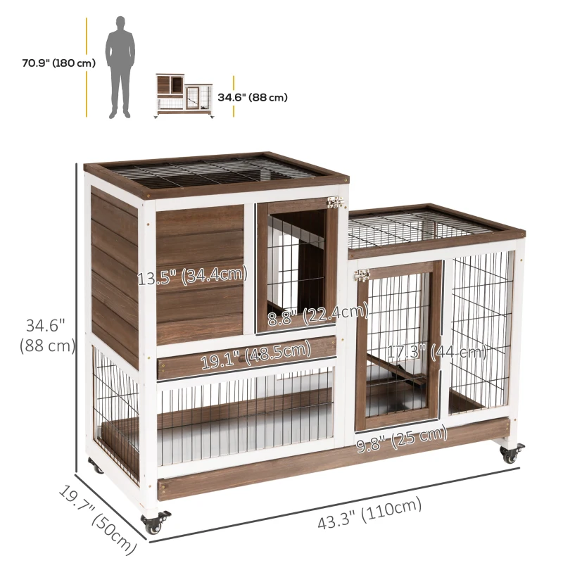 PawHut Wooden Rabbit Hutch, Indoor Bunny Cage with Wheels, Pull Out Trays, Run, Brown