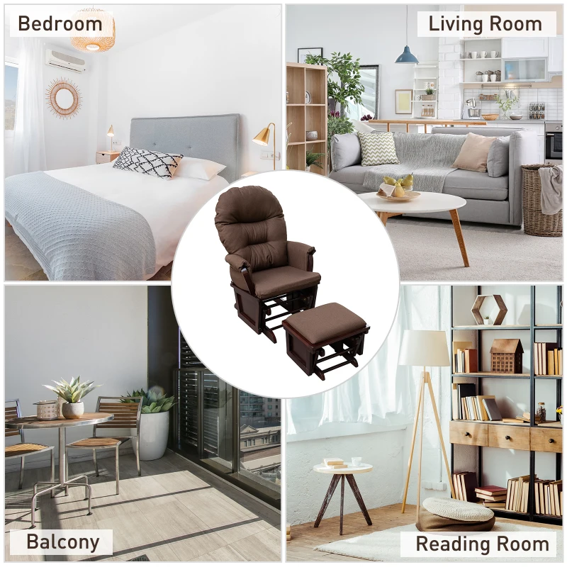 HOMCOM Nursery Glider Rocking Chair with Ottoman, Thick Padded Cushion Seating, Armrests and Wood Base, Dark Coffee