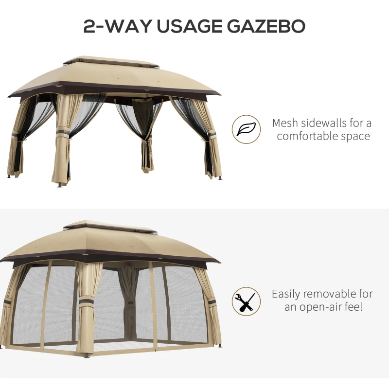 Outsunny 10' x 13' Outdoor Patio Gazebo, Beige Canopy Shelter with Netting, Vented Roof & Steel Frame for Garden, Lawn, Backyard, Deck