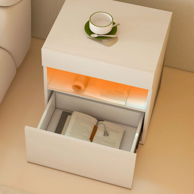 HOMCOM Nightstand with LED Lights, Small Bedside Table with Drawer and Open Shelf