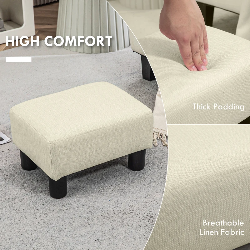 HOMCOM Small Ottoman Foot Rest, Foot Stool with Linen Fabric Upholstery and Plastic Legs, Cube Ottoman, Beige