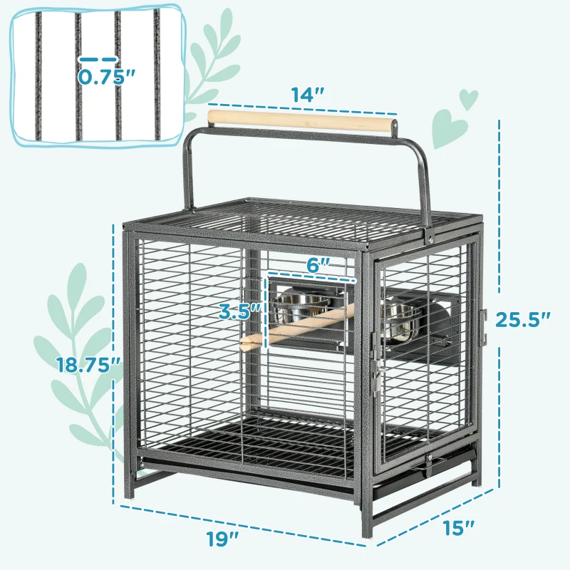 PawHut 18" Parrot Travel Carrier, Heavy Duty Wrought Iron Travel Bird Cage Carrier With Handle Perch And Accessories, Black