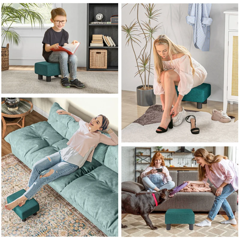 HOMCOM Small Ottoman Foot Rest, Foot Stool with Linen Fabric Upholstery and Plastic Legs, Cube Ottoman, Green