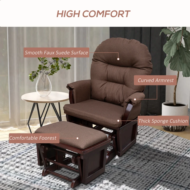 HOMCOM Nursery Glider Rocking Chair with Ottoman, Thick Padded Cushion Seating, Armrests and Wood Base, Dark Coffee