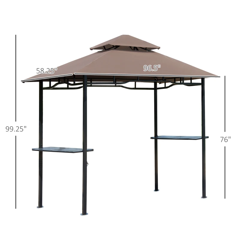 Outsunny 8' x 5' Grill Gazebo with Double Roof, Outdoor BBQ Canopy Gazebo with 2 Side Shelves for Patio Yard Garden Coffee