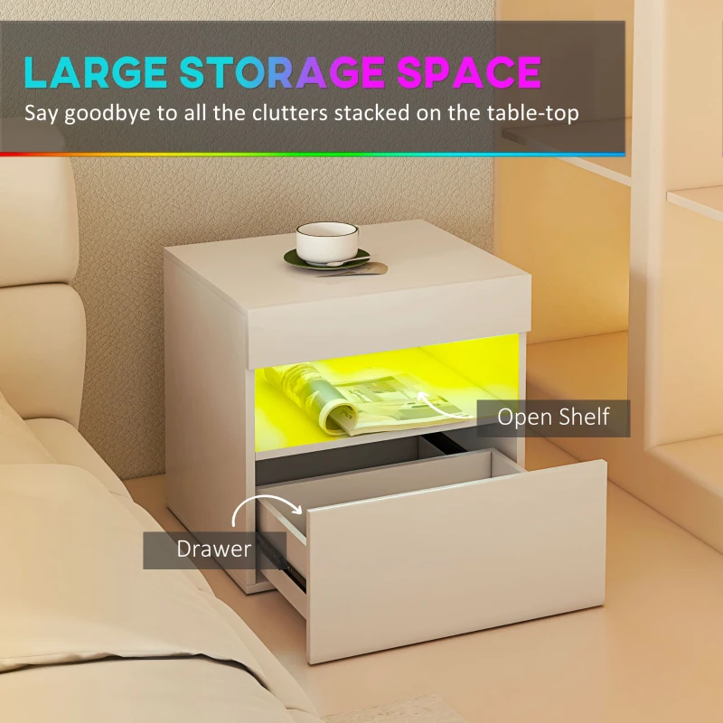HOMCOM Nightstand with LED Lights, Small Bedside Table with Drawer and Open Shelf
