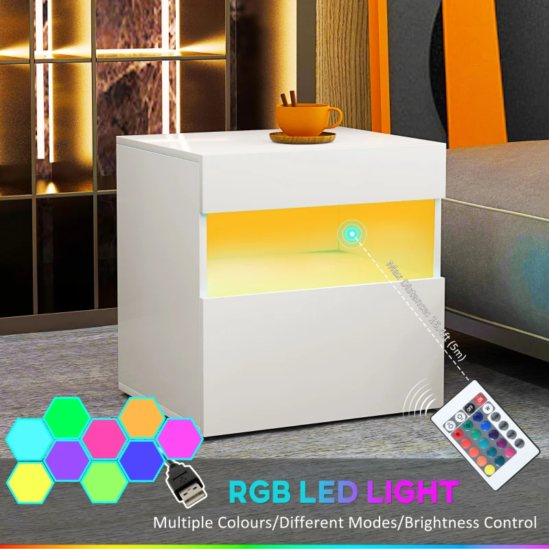 HOMCOM Nightstand with LED Lights, Small Bedside Table with Drawer and Open Shelf
