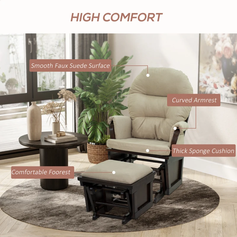 HOMCOM Nursery Glider Rocking Chair with Ottoman, Thick Padded Cushion Seating, Armrests and Wood Base, Cream White
