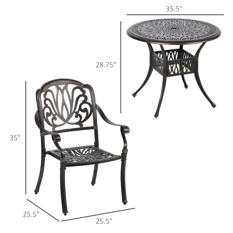 Outsunny 5 Pieces Outdoor Furniture Dining Set for 4, All-Weather Cast Aluminum Stackable Design Chairs and Round Patio Table with Umbrella Hole, for Backyard, Deck, Garden, Bronze