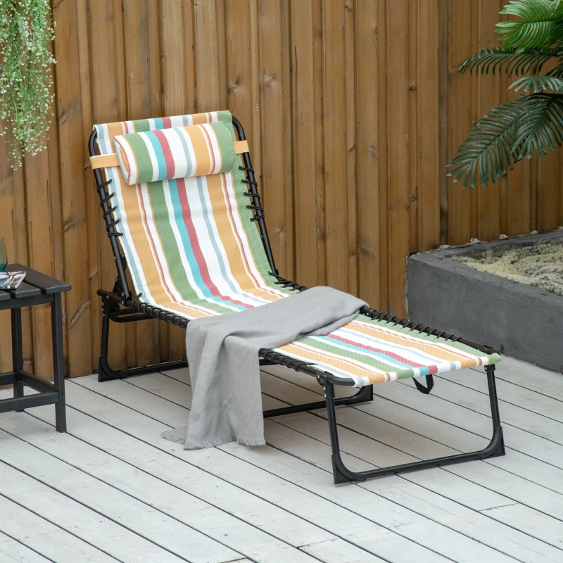 Outsunny Folding Chaise Lounge Pool Chair with 4-Position Reclining Back, Pillow, Breathable Mesh & Bungee Seat, Rainbow Striped