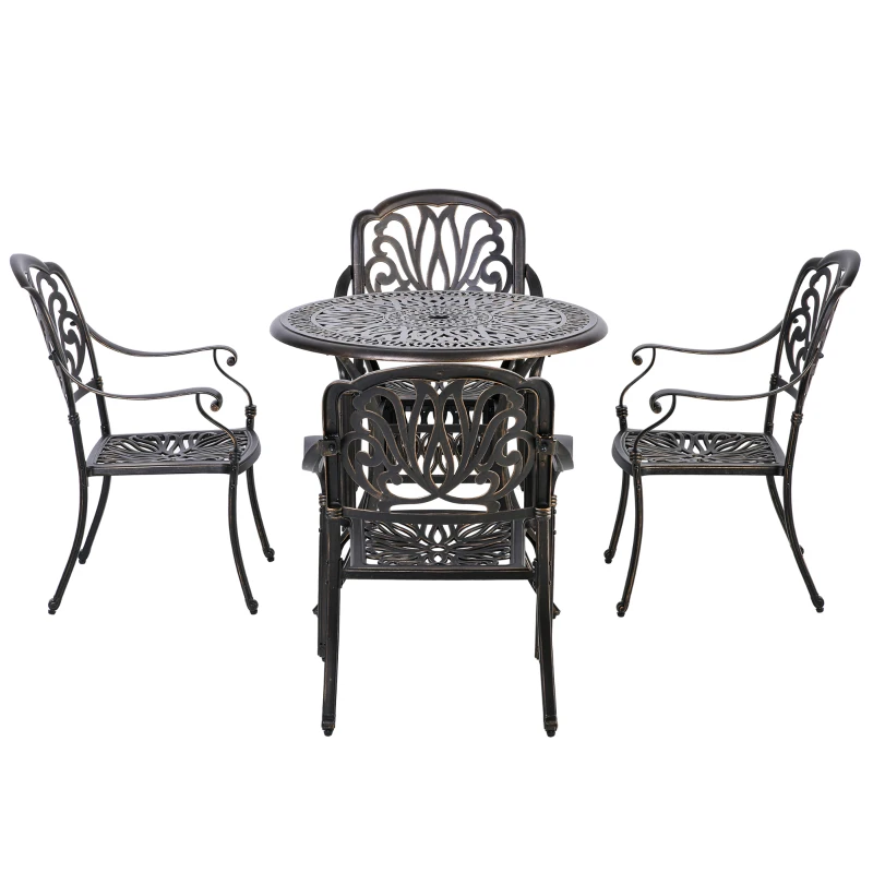 Outsunny 5 Pieces Outdoor Furniture Dining Set for 4, All-Weather Cast Aluminum Stackable Design Chairs and Round Patio Table with Umbrella Hole, for Backyard, Deck, Garden, Bronze