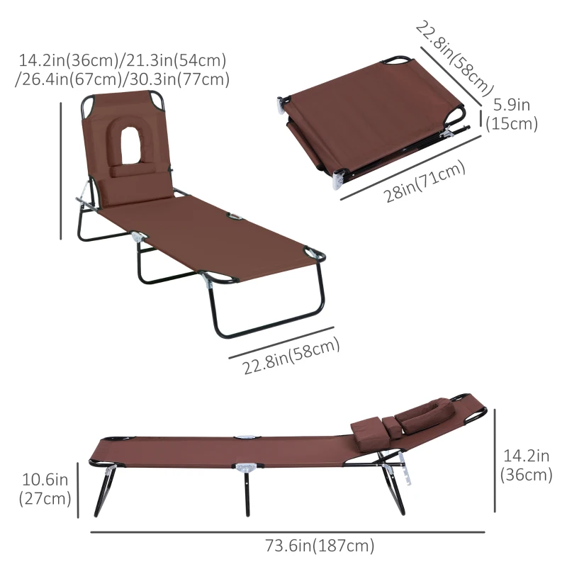 Outsunny Adjustable Outdoor Lounge Chair, Garden Folding Chaise Lounge with Face Hole Reclining Tanning Chair Seat, Folding Camping Beach Lounging Bed w/ Support Pillow, Brown