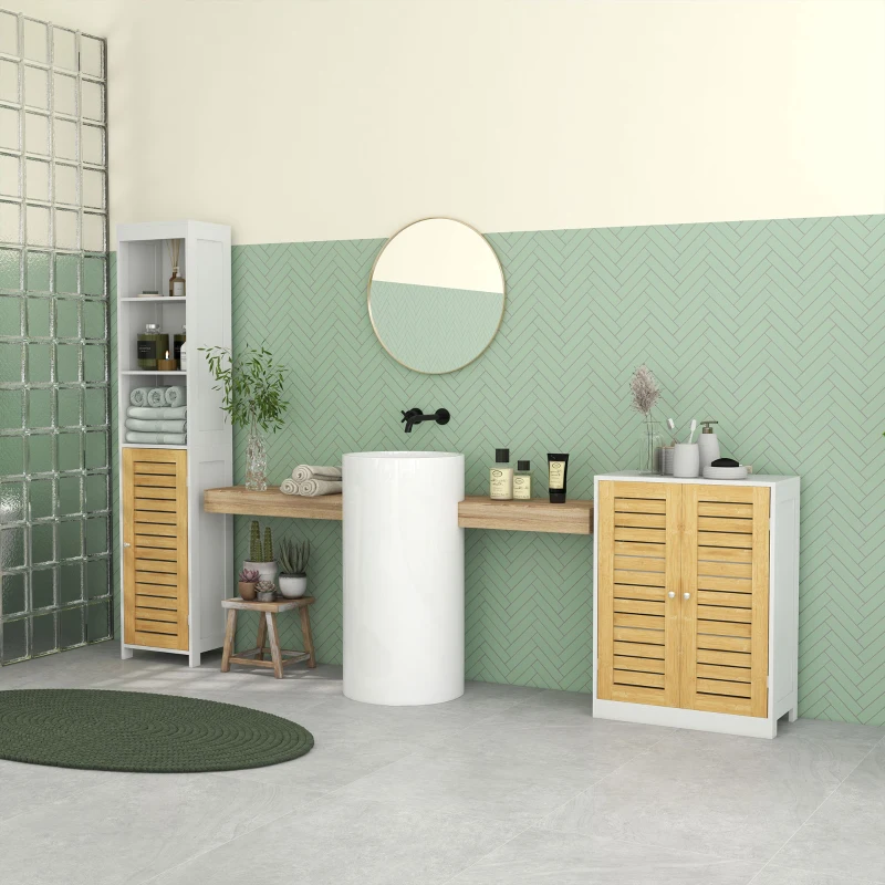 kleankin Tall Bathroom Storage Cabinet, Free Standing Bathroom Cabinet Slim Side Organizer with 3 Shelves and Bamboo Cabinet, White/Natural