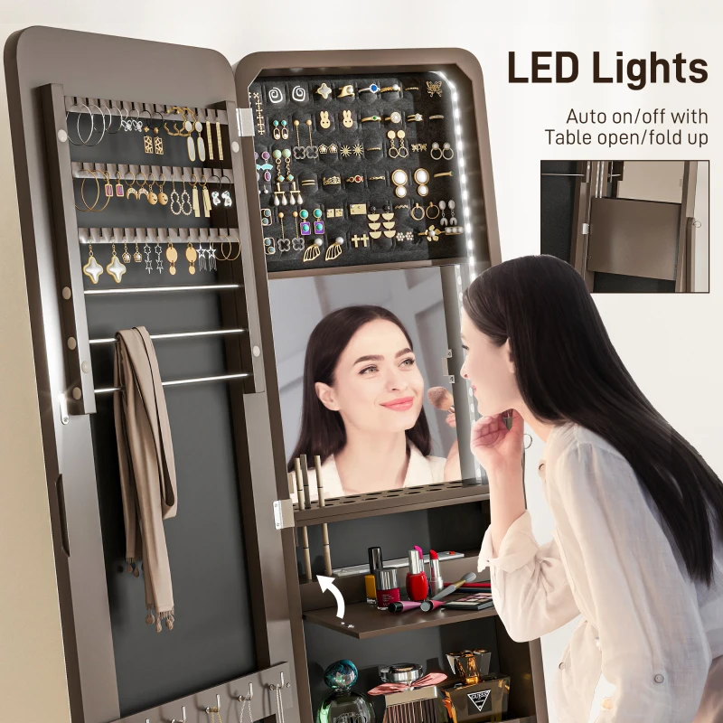 HOMCOM Standing Mirror Jewellery Cabinet, Jewellery Storage Cabinet with LED Lights and Angle Adjustable Full Length Mirror, Brown