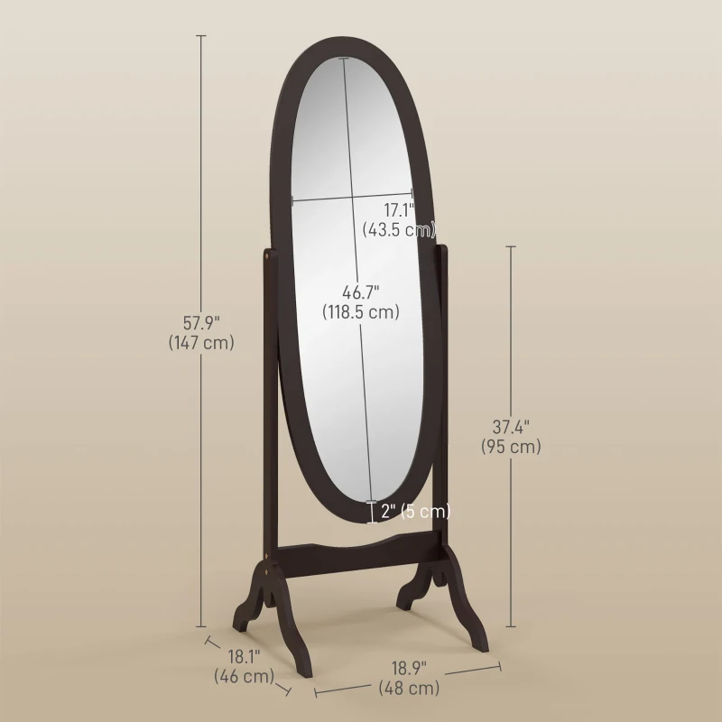 HOMCOM Floor Standing Mirror Full Length Mirror with Adjustable Angle Oval Frame for Dressing Room Bedroom Living Room Coffee