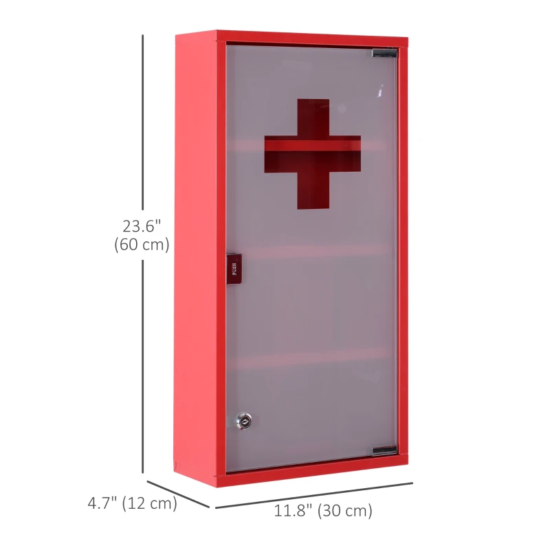 HOMCOM Wall Mount Medicine Cabinet Bathroom Cabinet with 4 Tier Shelves, Steel Frame and Glass Door, Lockable with 2 Keys