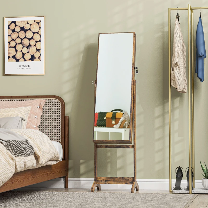HOMCOM Lockable Mirror Jewelry Cabinet, Full-Length Mirror and Jewellery Storage with 3 Adjustable Angles, Rustic Brown