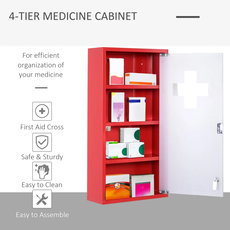 HOMCOM Wall Mount Medicine Cabinet Bathroom Cabinet with 4 Tier Shelves, Steel Frame and Glass Door, Lockable with 2 Keys