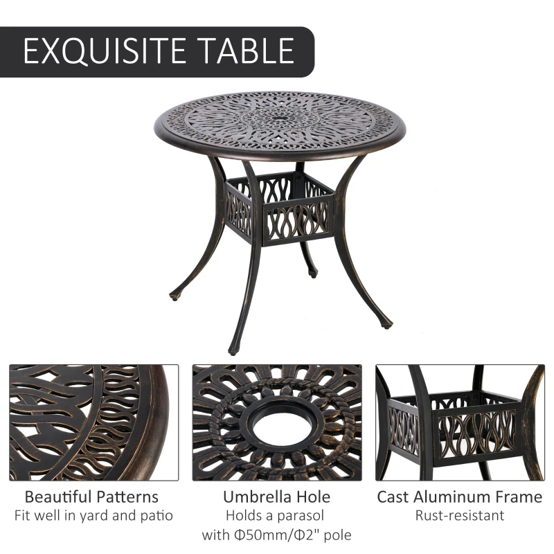 Outsunny 5 Pieces Outdoor Furniture Dining Set for 4, All-Weather Cast Aluminum Stackable Design Chairs and Round Patio Table with Umbrella Hole, for Backyard, Deck, Garden, Bronze
