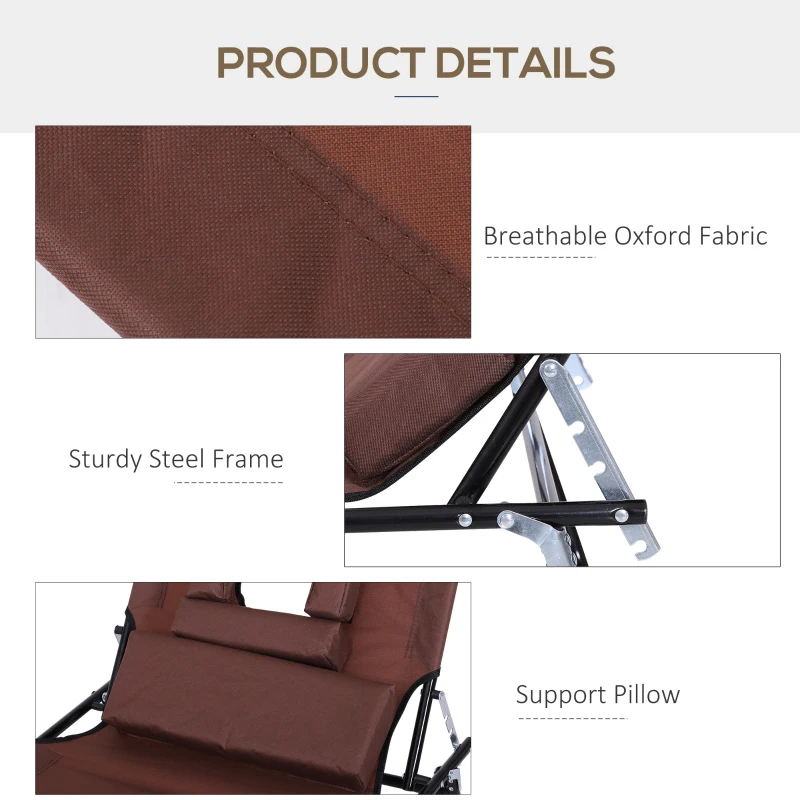 Outsunny Adjustable Outdoor Lounge Chair, Garden Folding Chaise Lounge with Face Hole Reclining Tanning Chair Seat, Folding Camping Beach Lounging Bed w/ Support Pillow, Brown