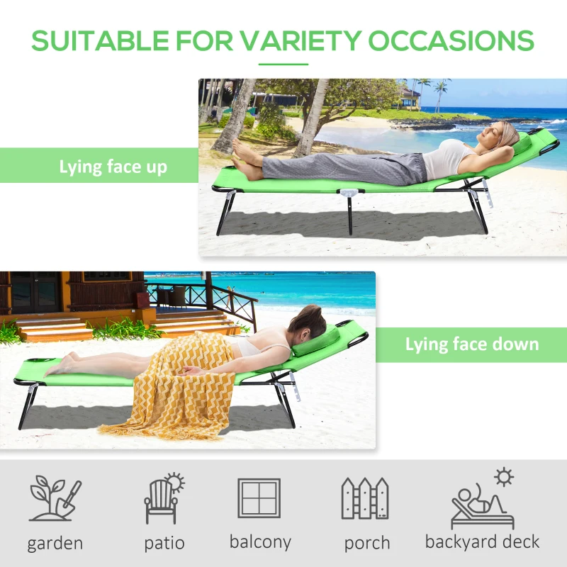 Outsunny Adjustable Outdoor Lounge Chair, Garden Folding Chaise Lounge with Face Hole Reclining Tanning Chair Seat, Folding Camping Beach Lounging Bed w/ Support Pillow, Green