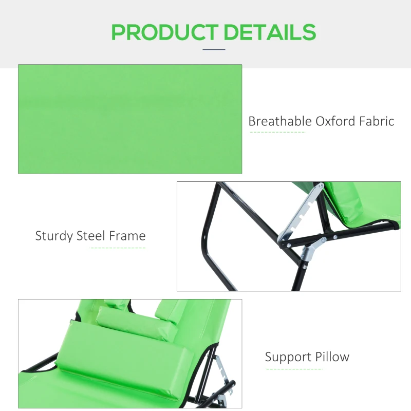 Outsunny Adjustable Outdoor Lounge Chair, Garden Folding Chaise Lounge with Face Hole Reclining Tanning Chair Seat, Folding Camping Beach Lounging Bed w/ Support Pillow, Green