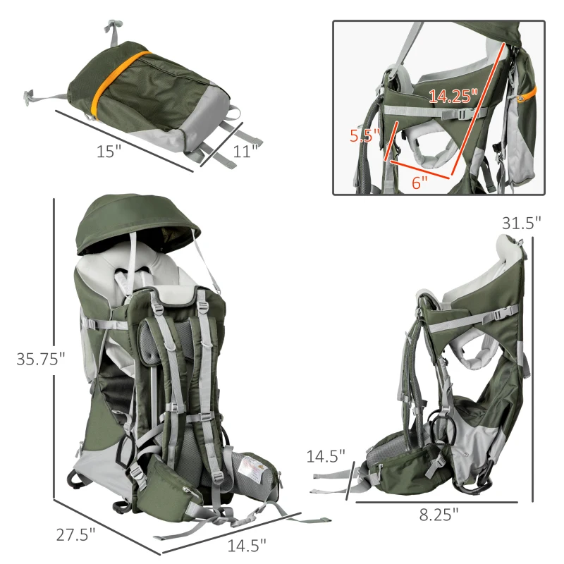 Qaba Foldable Baby Backpack Carrier for Hiking, Day Trips, Toddler Carrier Accessory Holder, Comfortable Baby Shoulder Carrier with Sun Canopy Rain Cover, Stand Ages 6-36 Months